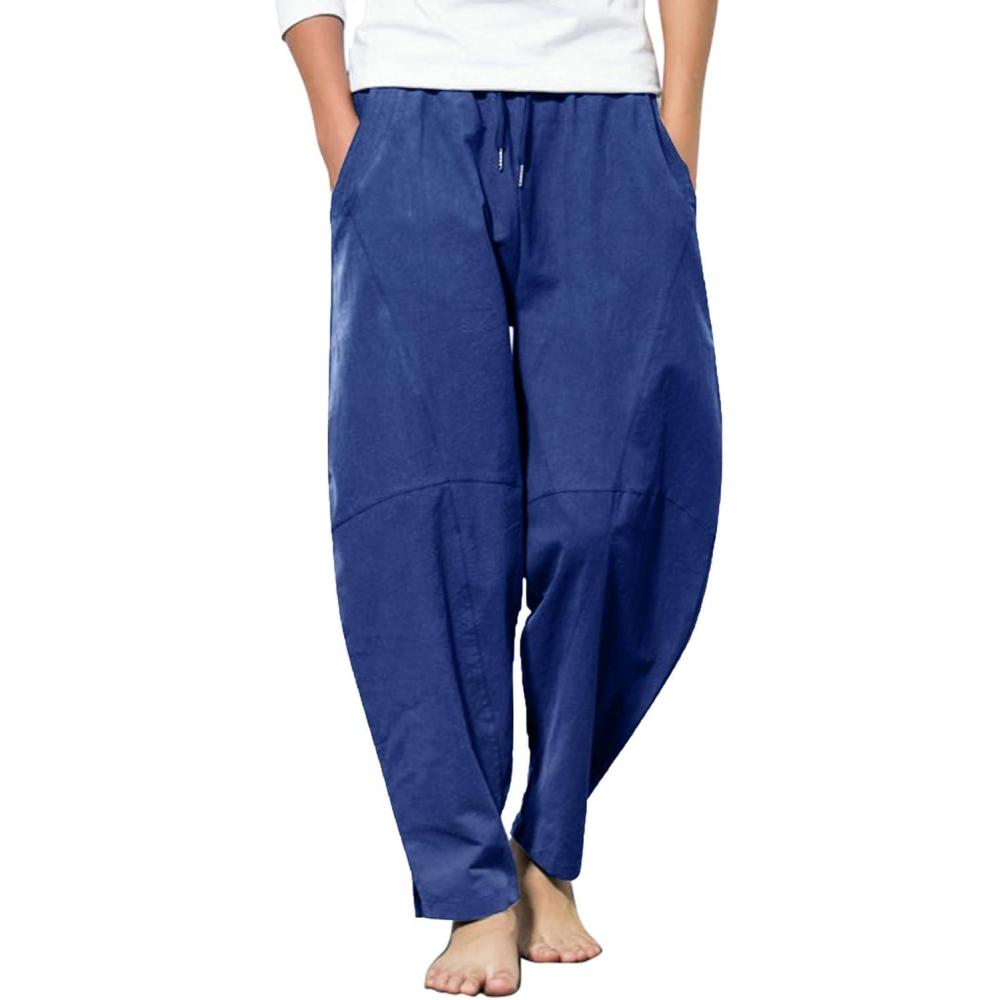 imageCOOFANDY Mens Linen Harem Drawstring Pants Casual Elastic Waist Lightweight Trouser Hippie Summer Beach Yoga PantsRoyal Blue