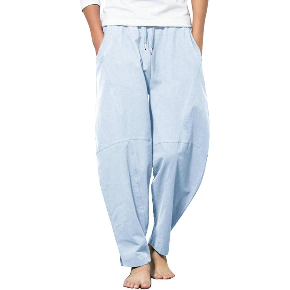 imageCOOFANDY Mens Linen Harem Drawstring Pants Casual Elastic Waist Lightweight Trouser Hippie Summer Beach Yoga PantsSky Blue