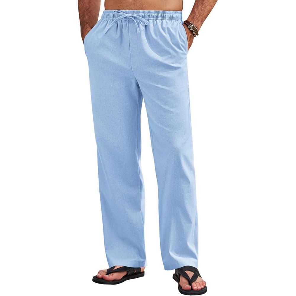 imageCOOFANDY Mens Linen Pants Casual Loose Fit Beach Summer Yoga Pants Lightweight Drawstring Linen TrousersClear Blue