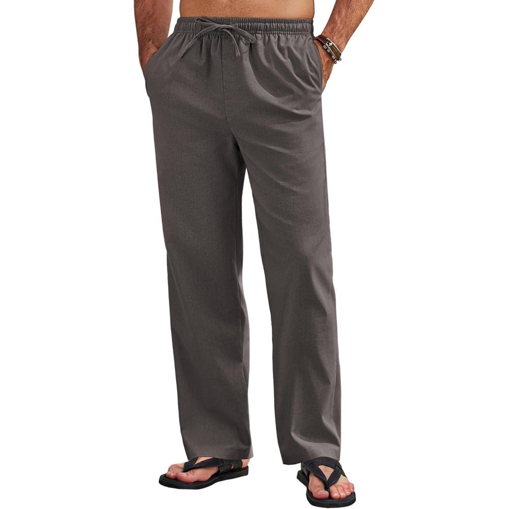 imageCOOFANDY Mens Linen Pants Casual Loose Fit Beach Summer Yoga Pants Lightweight Drawstring Linen TrousersDark Gray