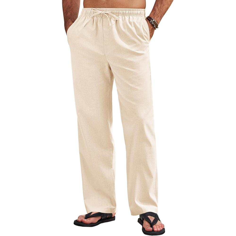 imageCOOFANDY Mens Linen Pants Casual Loose Fit Beach Summer Yoga Pants Lightweight Drawstring Linen TrousersLight Beige
