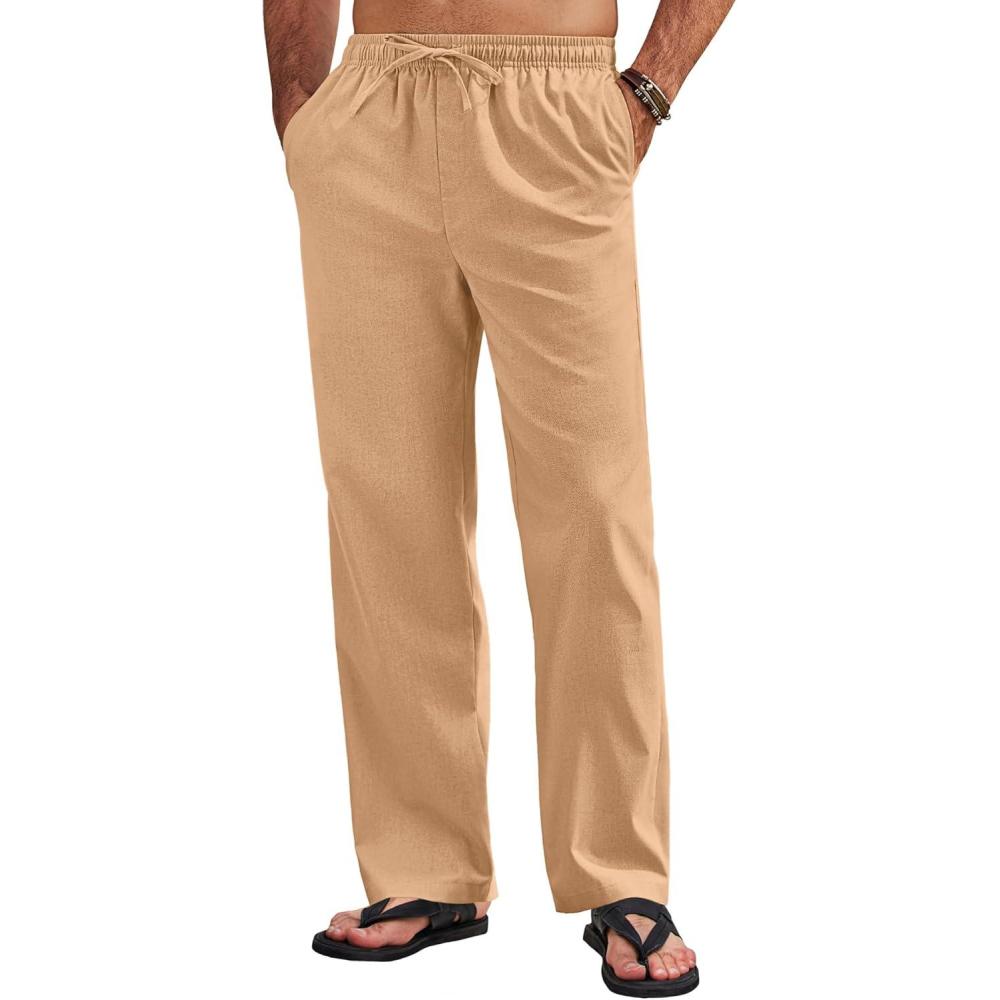 imageCOOFANDY Mens Linen Pants Casual Loose Fit Beach Summer Yoga Pants Lightweight Drawstring Linen TrousersLight Tan