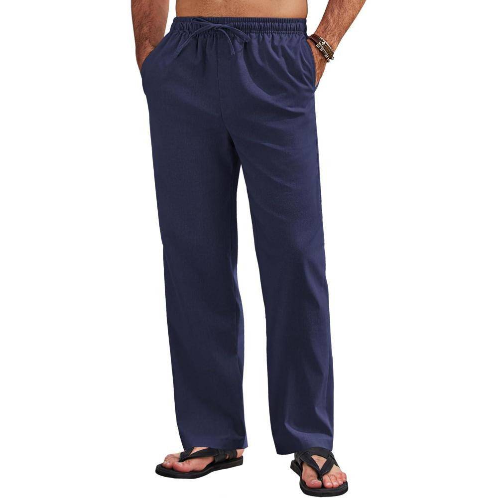 imageCOOFANDY Mens Linen Pants Casual Loose Fit Beach Summer Yoga Pants Lightweight Drawstring Linen TrousersNavy Blue