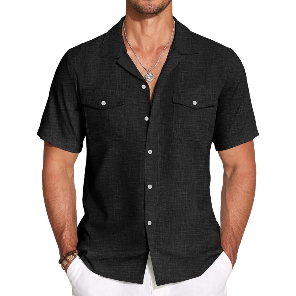 imageCOOFANDY Mens Linen Short Sleeve Button Down Shirt Casual Cuban Collar Summer Beach Shirts Vacation EssentialsBlack