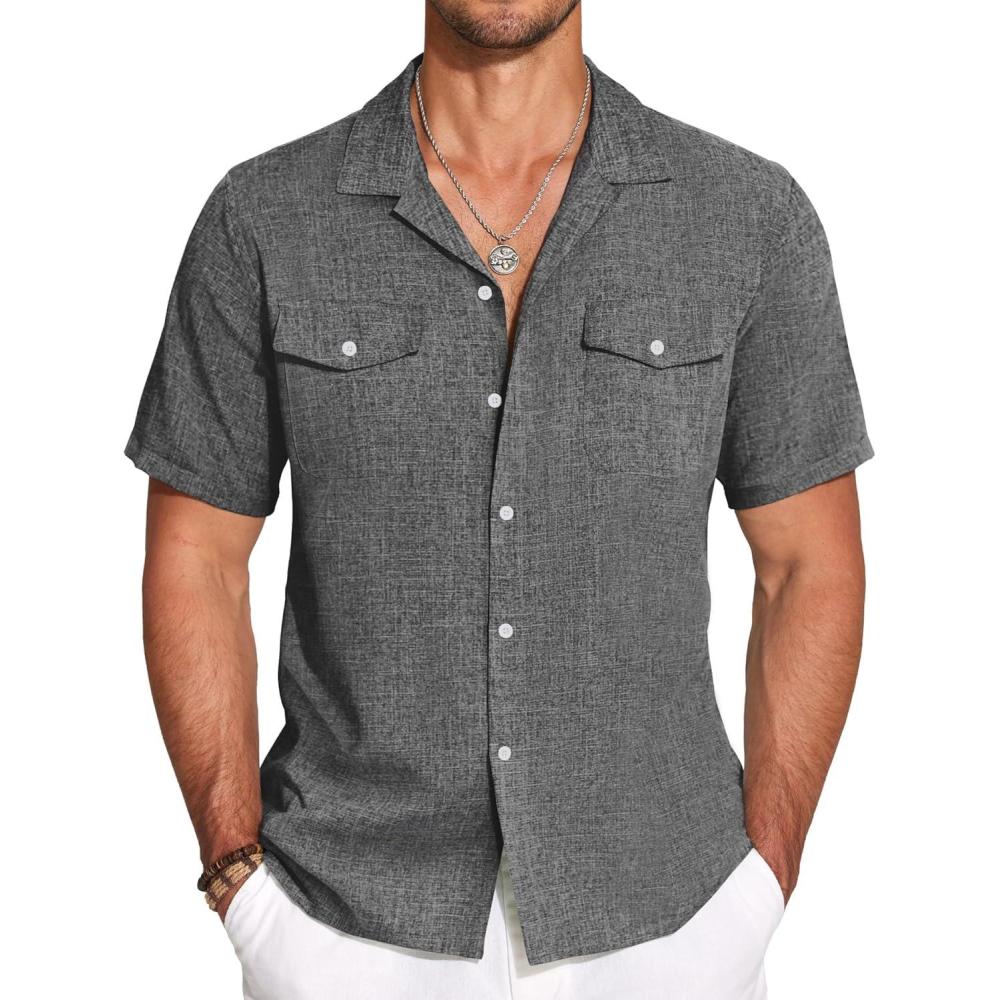 imageCOOFANDY Mens Linen Short Sleeve Button Down Shirt Casual Cuban Collar Summer Beach Shirts Vacation EssentialsDark Grey