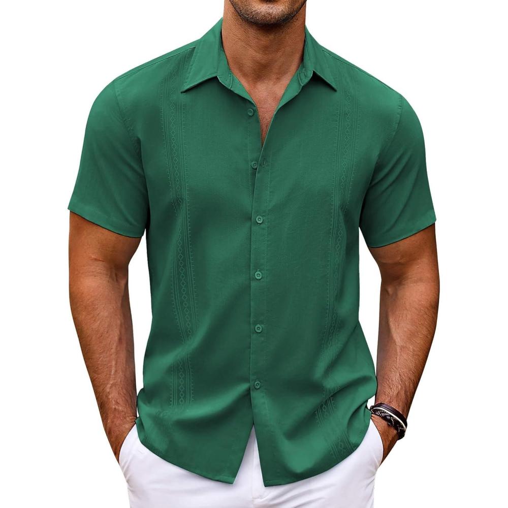 imageCOOFANDY Mens Linen Short Sleeve Button Down Shirt Casual Cuban Collar Summer Beach Shirts Vacation EssentialsGreen