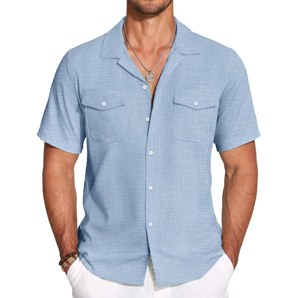 imageCOOFANDY Mens Linen Short Sleeve Button Down Shirt Casual Cuban Collar Summer Beach Shirts Vacation EssentialsLight Blue