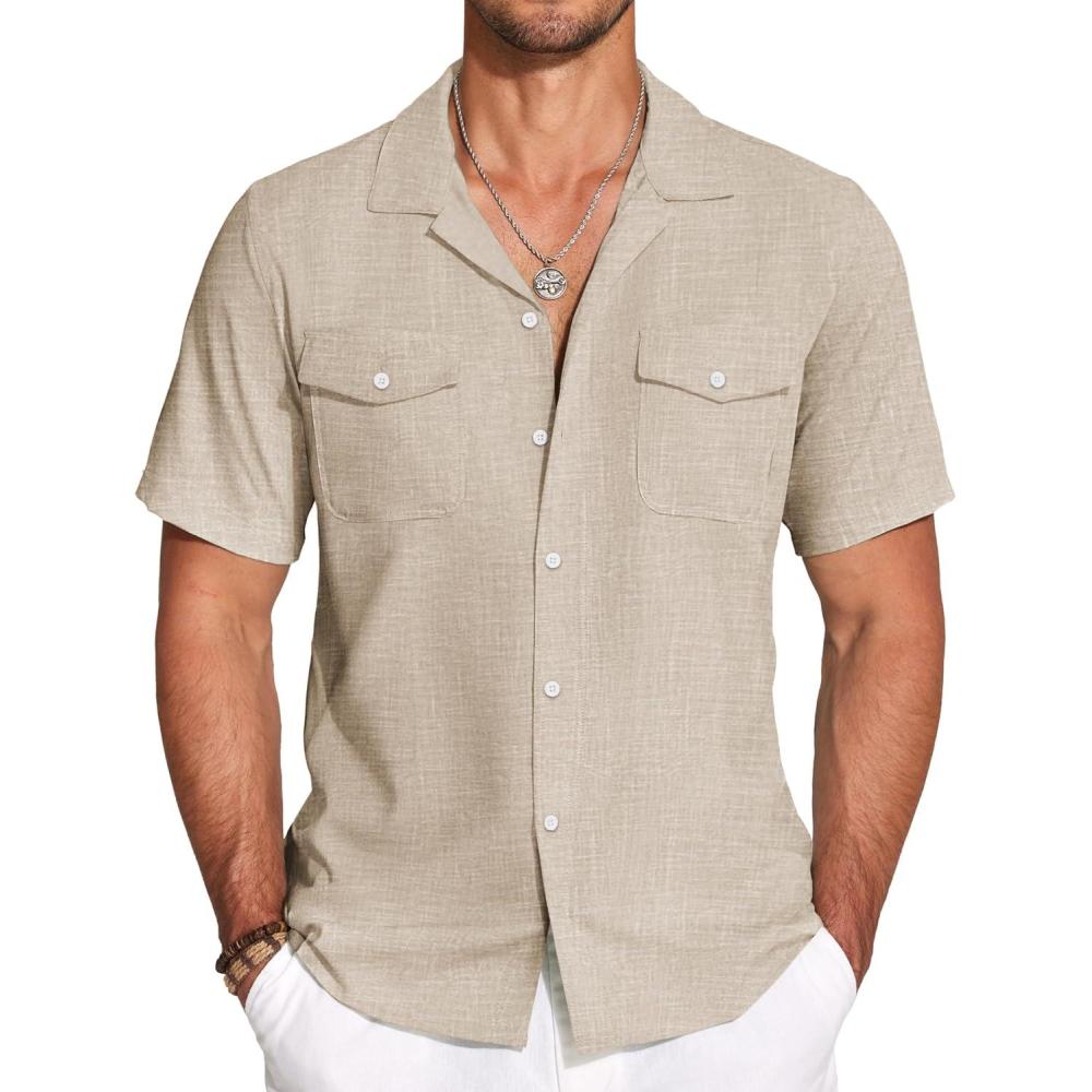 imageCOOFANDY Mens Linen Short Sleeve Button Down Shirt Casual Cuban Collar Summer Beach Shirts Vacation EssentialsLight Brown