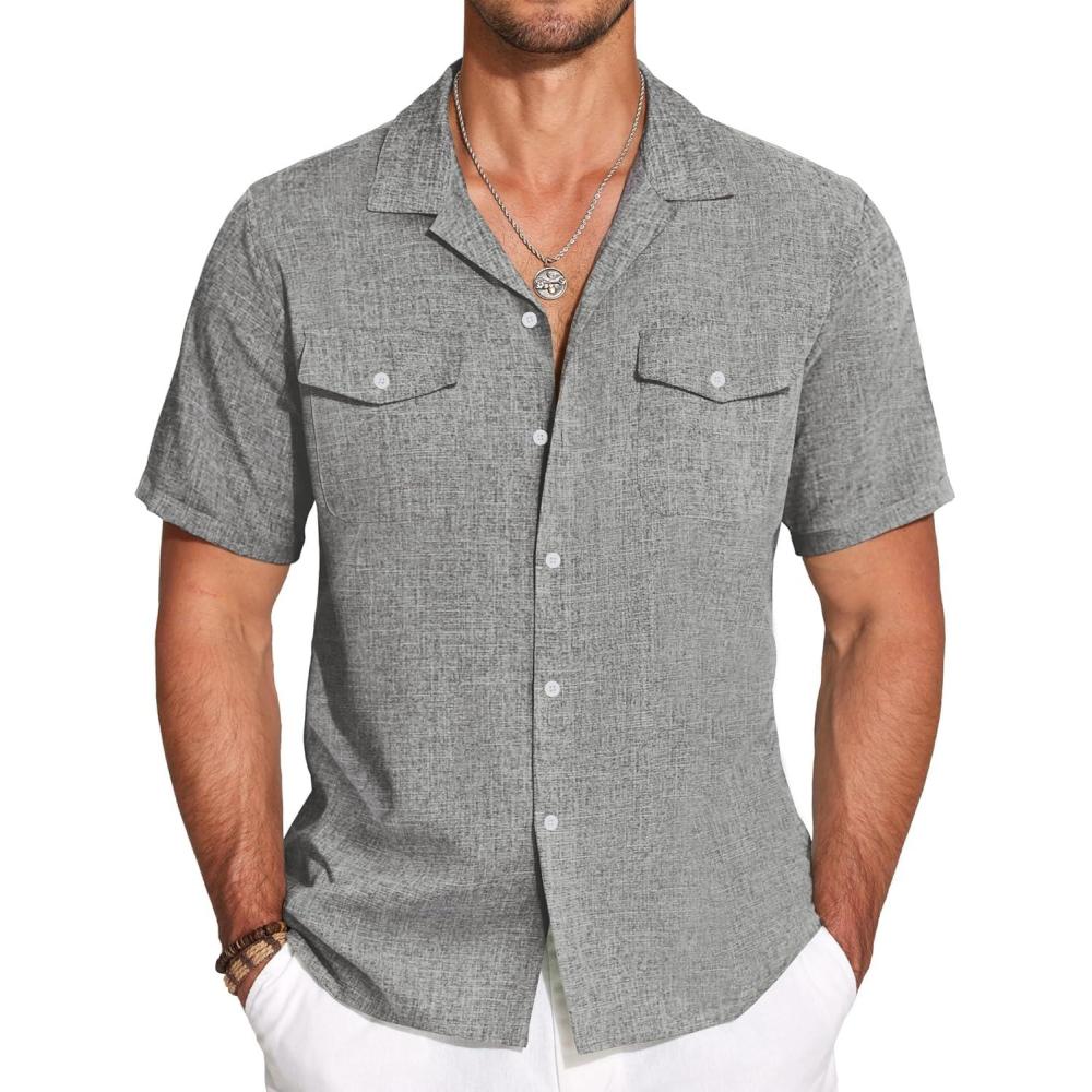 imageCOOFANDY Mens Linen Short Sleeve Button Down Shirt Casual Cuban Collar Summer Beach Shirts Vacation EssentialsLight Grey