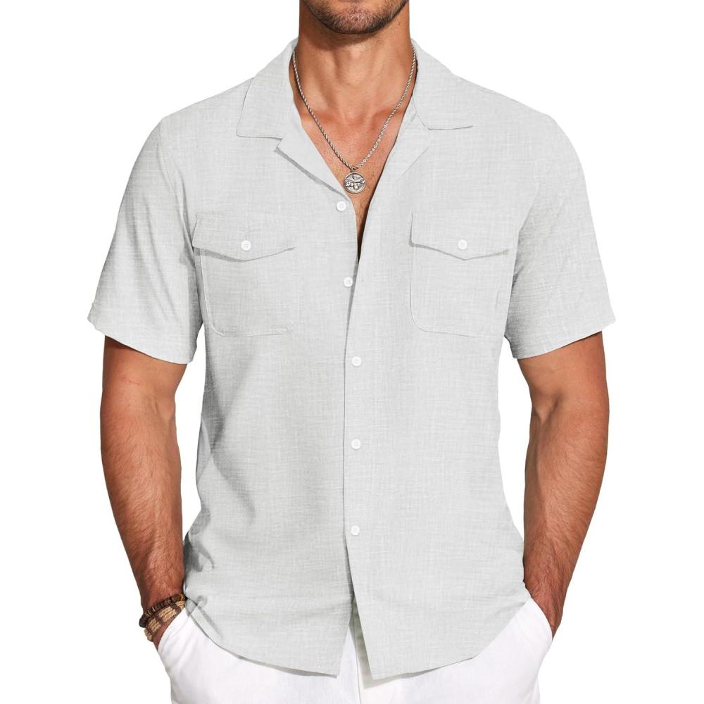imageCOOFANDY Mens Linen Short Sleeve Button Down Shirt Casual Cuban Collar Summer Beach Shirts Vacation EssentialsWhite