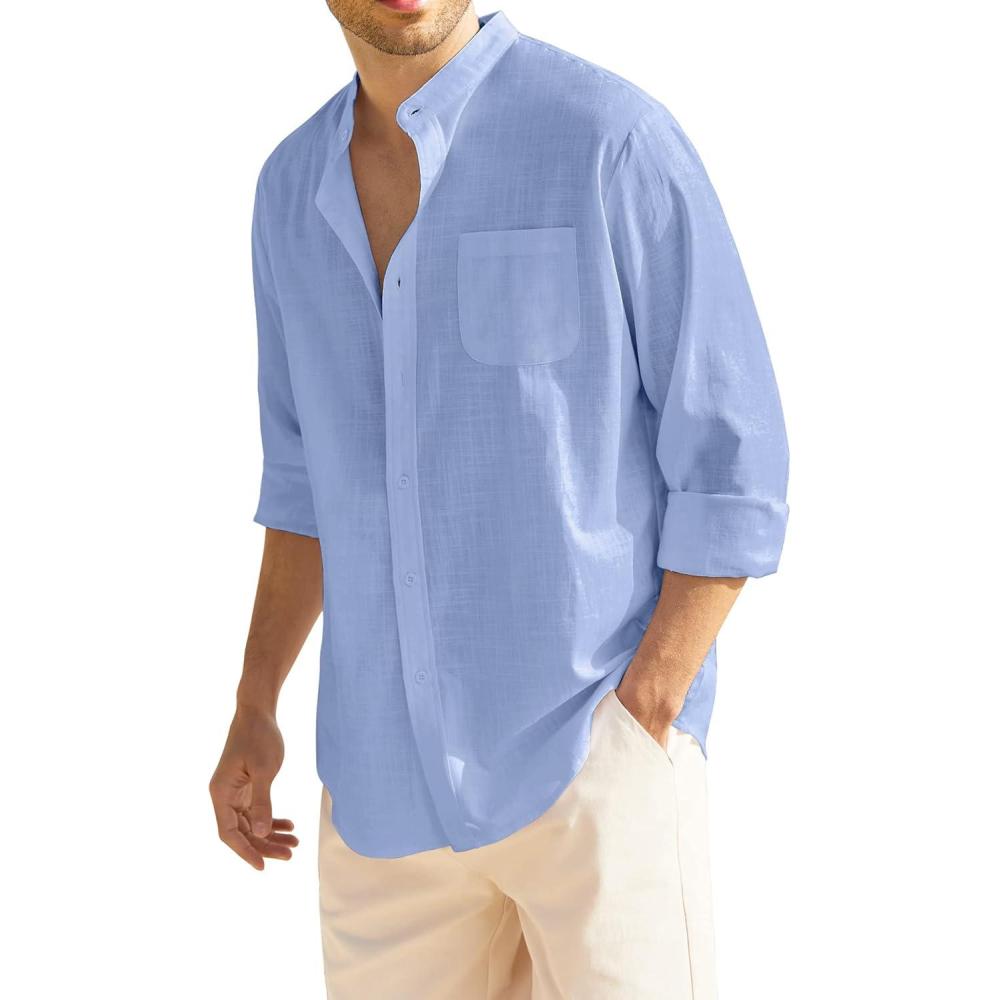 imageCOOFANDY Mens Long Sleeve Cotton Linen Shirt Beach Button Down Shirts Casual Button Up Shirt Summer Yoga Tops with PocketSky Blue