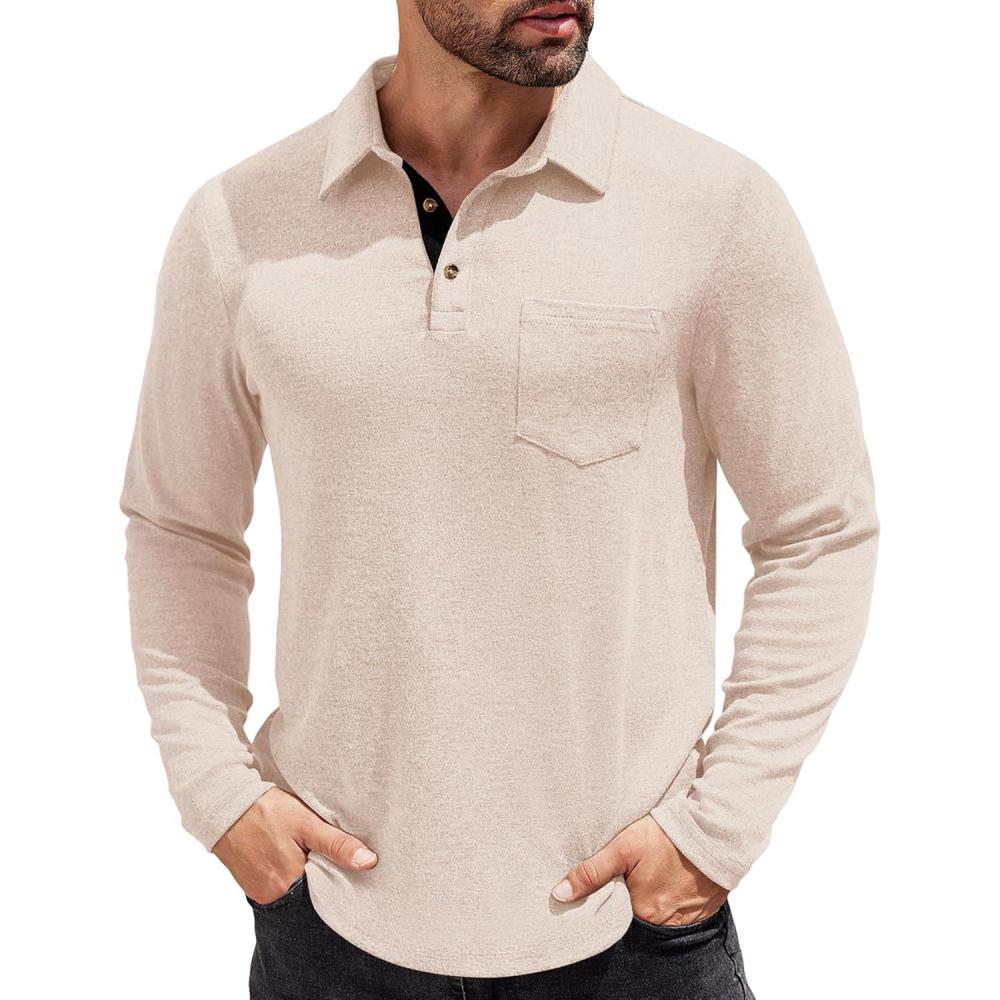 imageCOOFANDY Mens Long Sleeve Polo Shirt Casual Dress Button Polo T Shirt with Pocket Basic Lightweight Collared Golf ShirtApricot