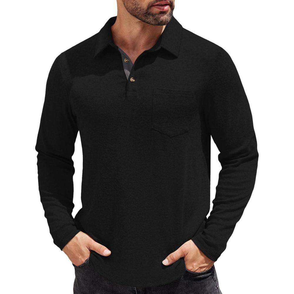 imageCOOFANDY Mens Long Sleeve Polo Shirt Casual Dress Button Polo T Shirt with Pocket Basic Lightweight Collared Golf ShirtBlack