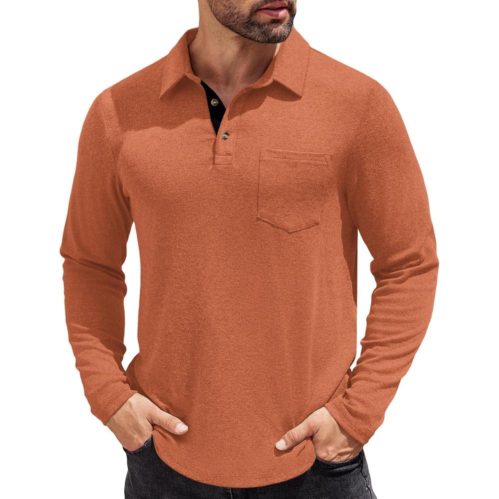 imageCOOFANDY Mens Long Sleeve Polo Shirt Casual Dress Button Polo T Shirt with Pocket Basic Lightweight Collared Golf ShirtCaramel