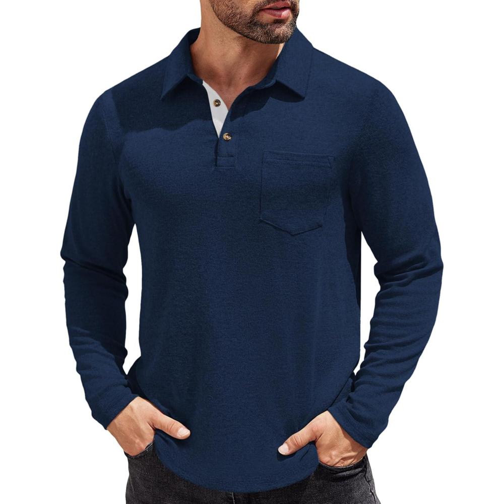 imageCOOFANDY Mens Long Sleeve Polo Shirt Casual Dress Button Polo T Shirt with Pocket Basic Lightweight Collared Golf ShirtDark Blue