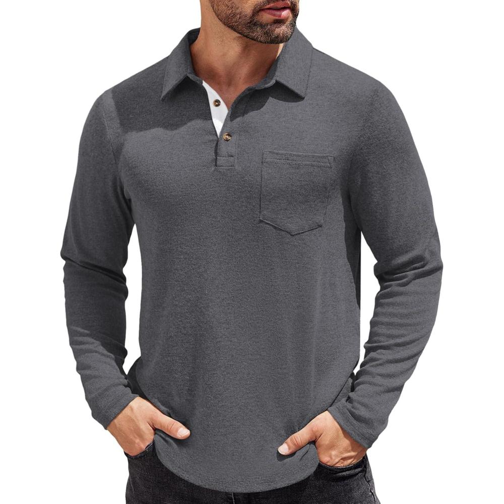 imageCOOFANDY Mens Long Sleeve Polo Shirt Casual Dress Button Polo T Shirt with Pocket Basic Lightweight Collared Golf ShirtDark Grey