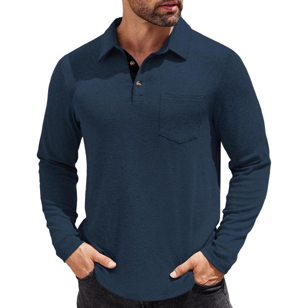 imageCOOFANDY Mens Long Sleeve Polo Shirt Casual Dress Button Polo T Shirt with Pocket Basic Lightweight Collared Golf ShirtDeep Blue