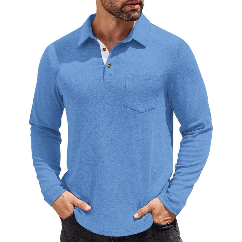 imageCOOFANDY Mens Long Sleeve Polo Shirt Casual Dress Button Polo T Shirt with Pocket Basic Lightweight Collared Golf ShirtLight Blue