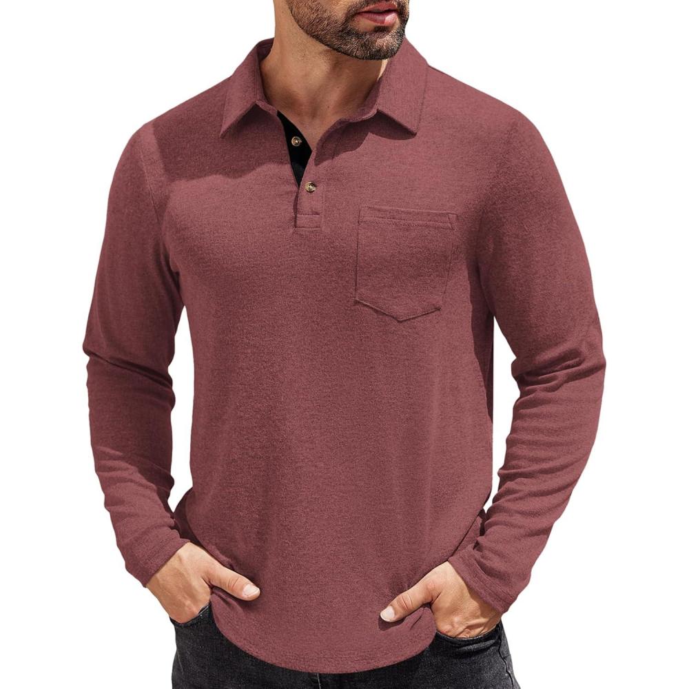 imageCOOFANDY Mens Long Sleeve Polo Shirt Casual Dress Button Polo T Shirt with Pocket Basic Lightweight Collared Golf ShirtWine Red