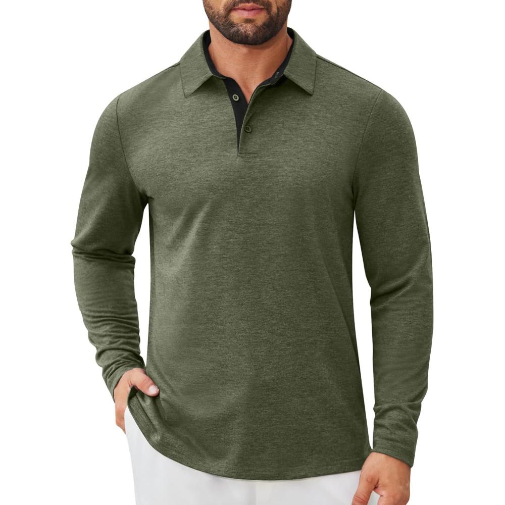 imageCOOFANDY Mens Long Sleeve Polo Shirts Button Casual Tee Collared Work Pullover ShirtsArmy Green