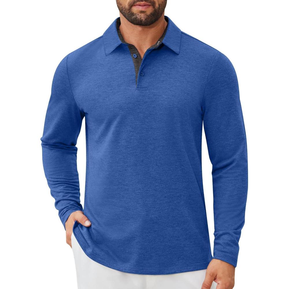 imageCOOFANDY Mens Long Sleeve Polo Shirts Button Casual Tee Collared Work Pullover ShirtsBlue