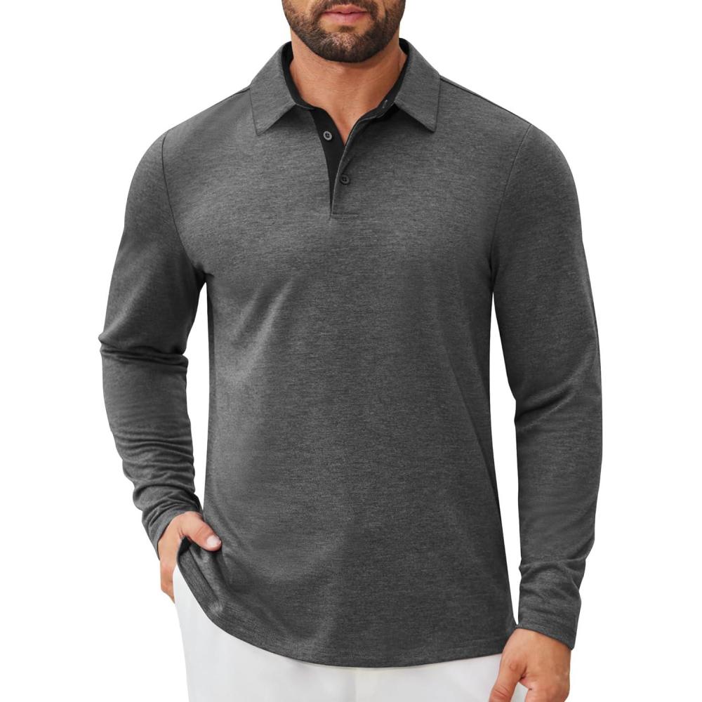 imageCOOFANDY Mens Long Sleeve Polo Shirts Button Casual Tee Collared Work Pullover ShirtsDark Grey