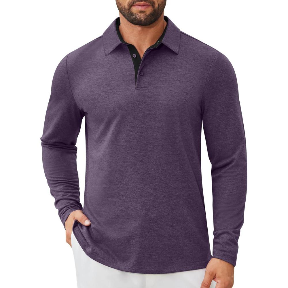 imageCOOFANDY Mens Long Sleeve Polo Shirts Button Casual Tee Collared Work Pullover ShirtsDark Purple