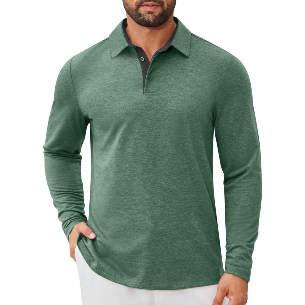 imageCOOFANDY Mens Long Sleeve Polo Shirts Button Casual Tee Collared Work Pullover ShirtsGreen