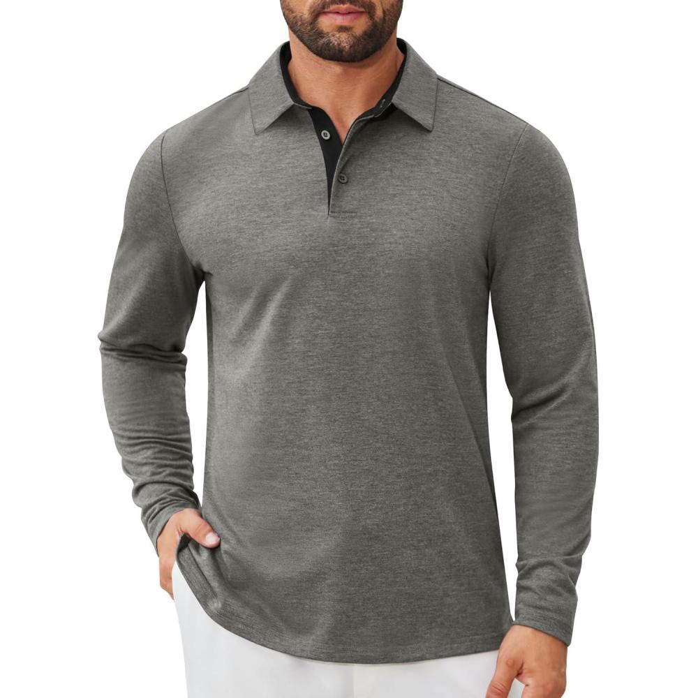 imageCOOFANDY Mens Long Sleeve Polo Shirts Button Casual Tee Collared Work Pullover ShirtsLight Grey