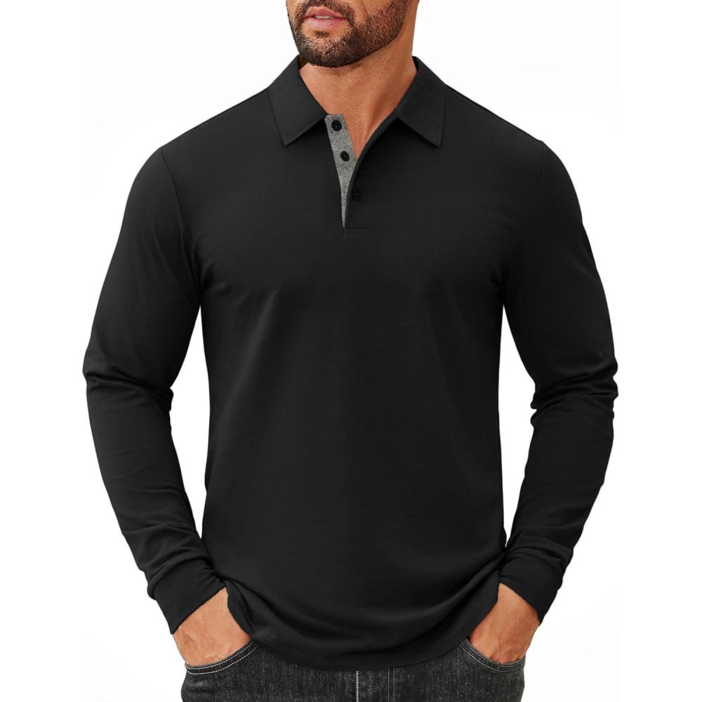 imageCOOFANDY Mens Long Sleeve Polo Shirts Cotton Collared Shirts Casual Business Polo Classic Golf T ShirtsAll Black