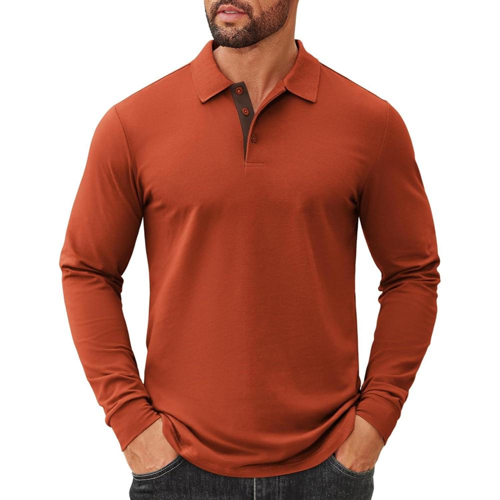imageCOOFANDY Mens Long Sleeve Polo Shirts Cotton Collared Shirts Casual Business Polo Classic Golf T ShirtsCaramel