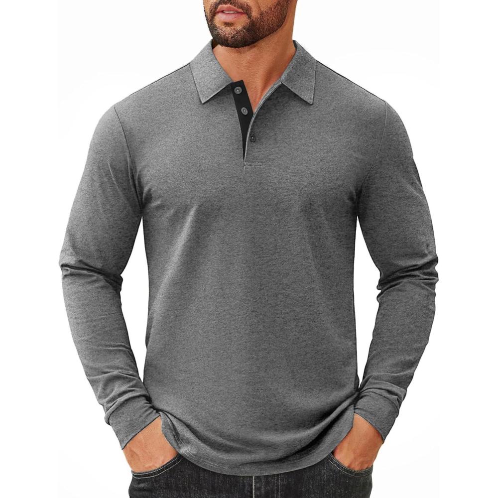imageCOOFANDY Mens Long Sleeve Polo Shirts Cotton Collared Shirts Casual Business Polo Classic Golf T ShirtsDark Grey