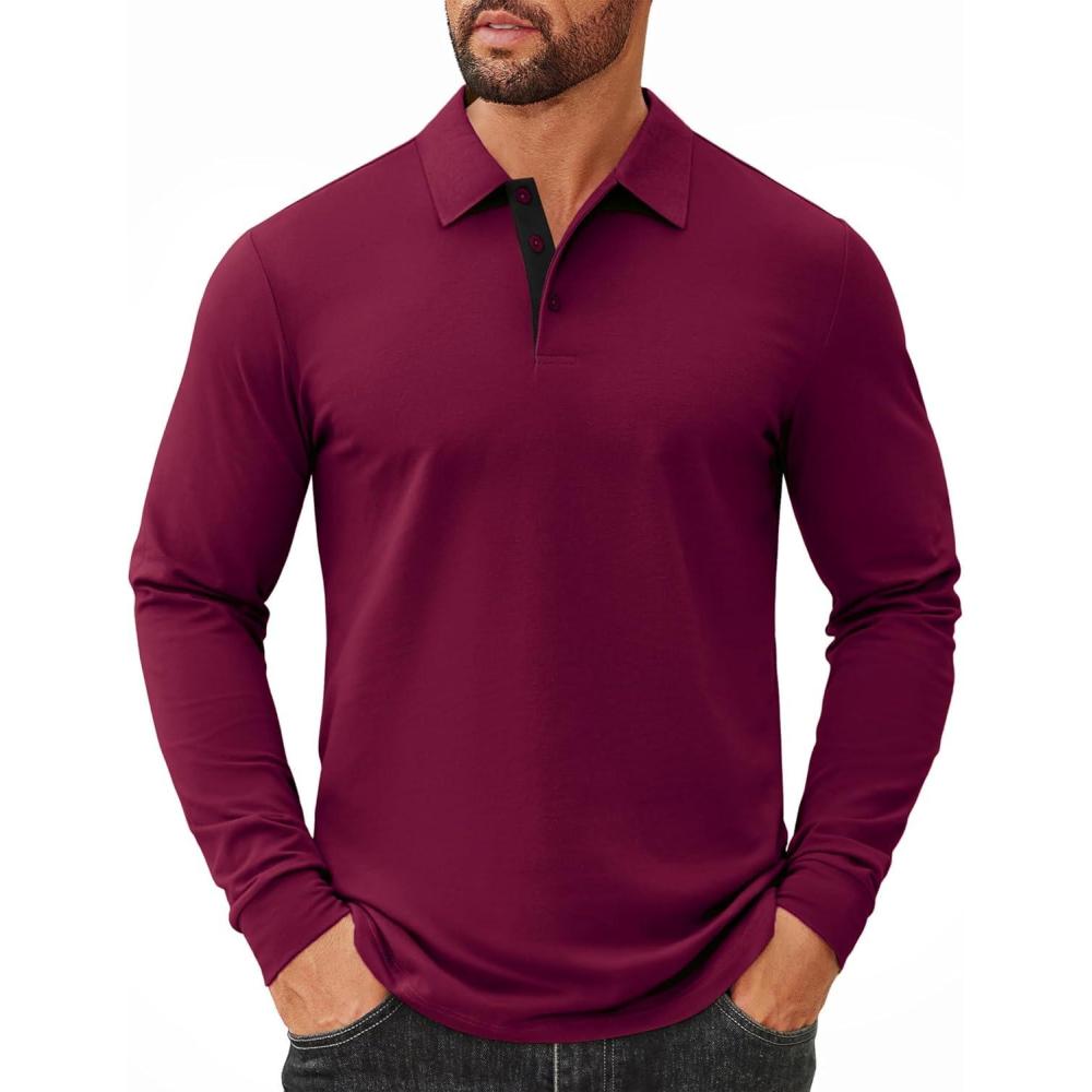 imageCOOFANDY Mens Long Sleeve Polo Shirts Cotton Collared Shirts Casual Business Polo Classic Golf T ShirtsWine Red