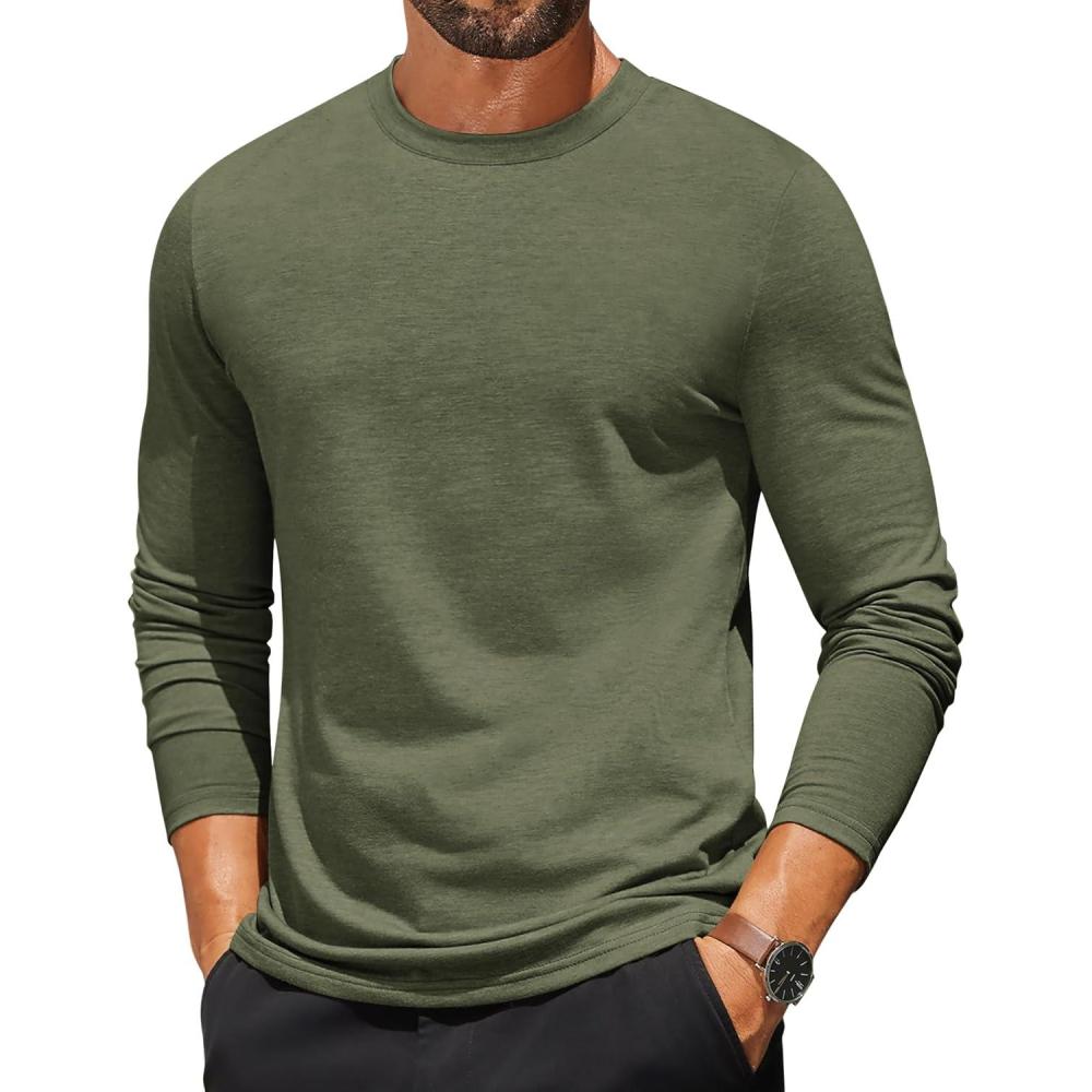 imageCOOFANDY Mens Long Sleeve T Shirts Crew Neck Casual Basic Tee Shirt Lightweight Pullover Shirts1 Packarmy Green