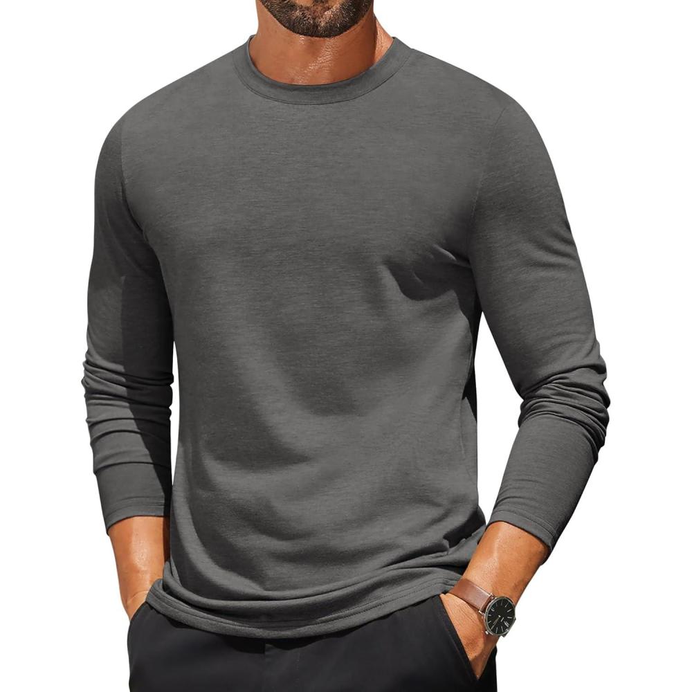 imageCOOFANDY Mens Long Sleeve T Shirts Crew Neck Casual Basic Tee Shirt Lightweight Pullover Shirts1 Packdark Gray