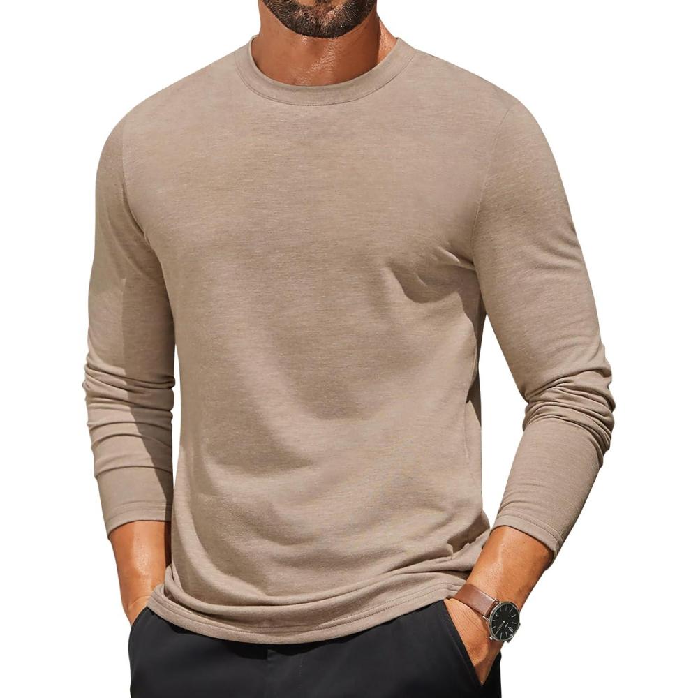imageCOOFANDY Mens Long Sleeve T Shirts Crew Neck Casual Basic Tee Shirt Lightweight Pullover Shirts1 Packkhaki