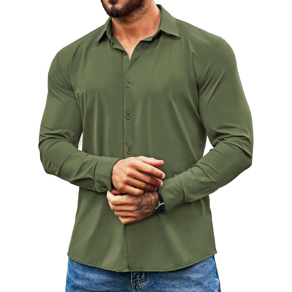 imageCOOFANDY Mens Muscle Fit Dress Shirts Wrinkle Free Long Sleeve Button Down Shirt Stretch Business ShirtArmy Green