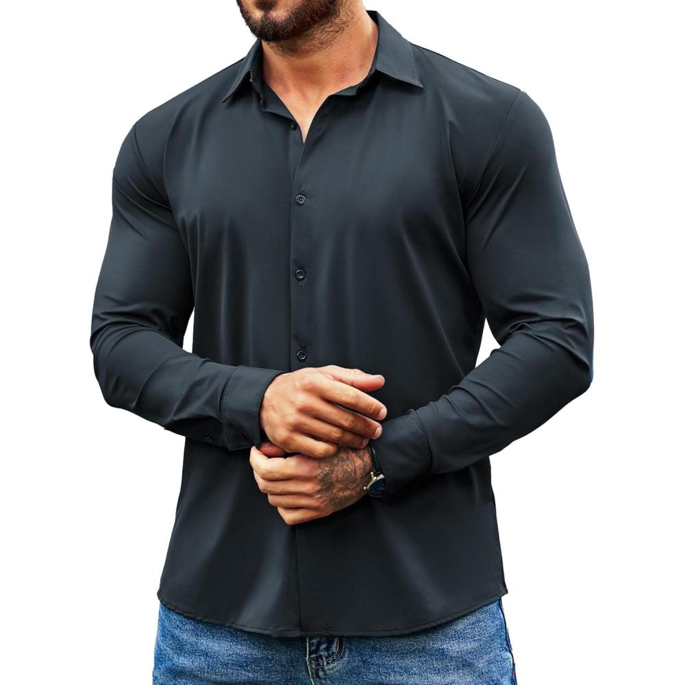 imageCOOFANDY Mens Muscle Fit Dress Shirts Wrinkle Free Long Sleeve Button Down Shirt Stretch Business ShirtDark Blue
