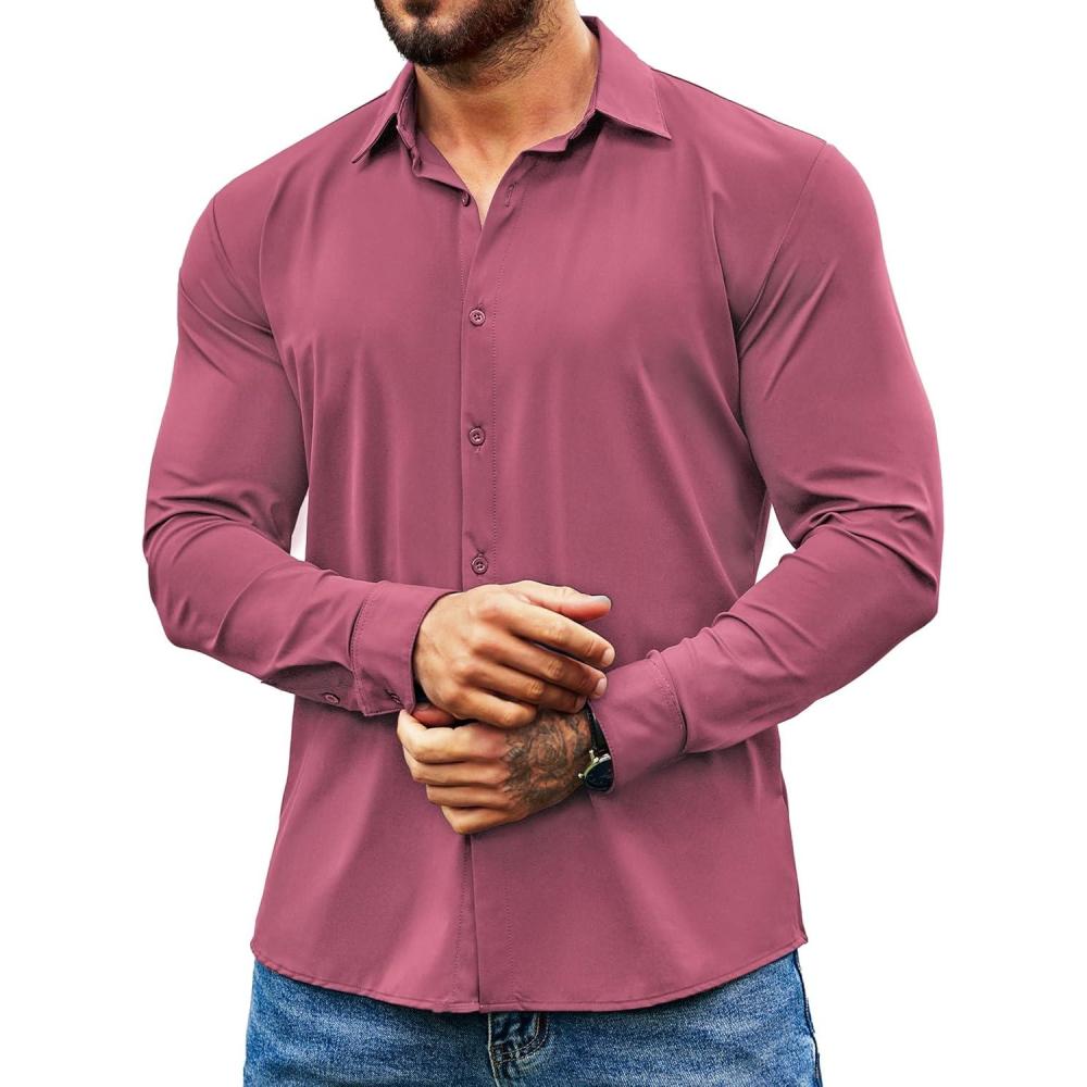 imageCOOFANDY Mens Muscle Fit Dress Shirts Wrinkle Free Long Sleeve Button Down Shirt Stretch Business ShirtDeep Purple