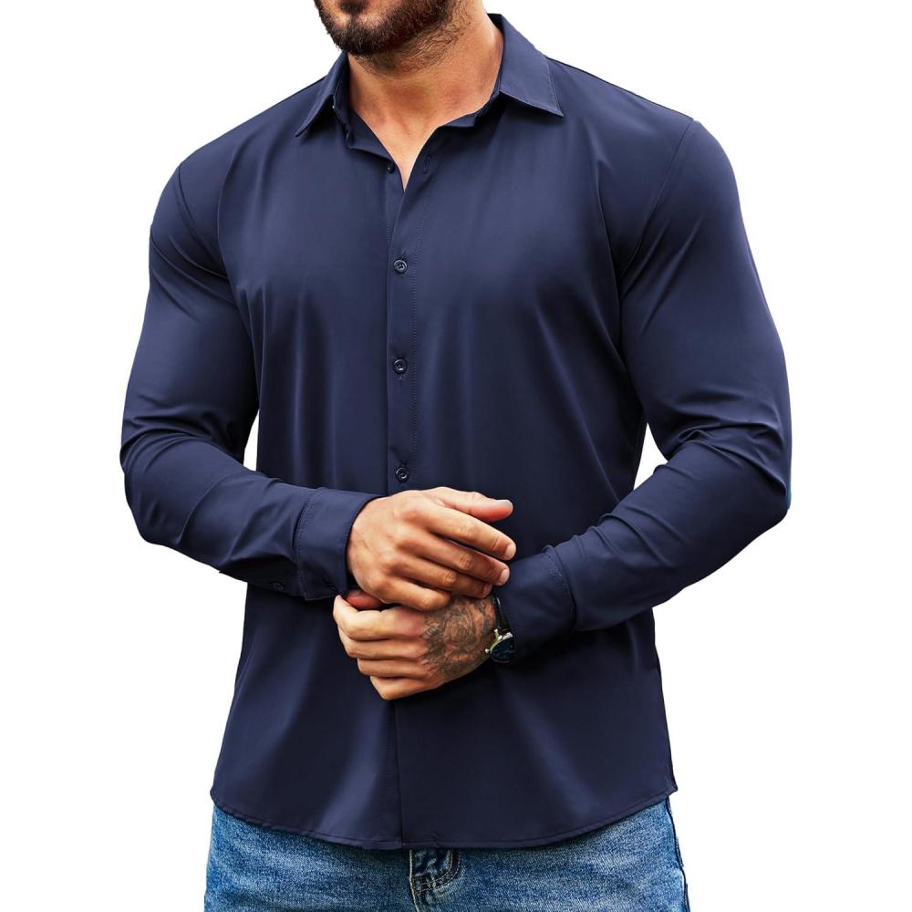 imageCOOFANDY Mens Muscle Fit Dress Shirts Wrinkle Free Long Sleeve Button Down Shirt Stretch Business ShirtNavy Blue