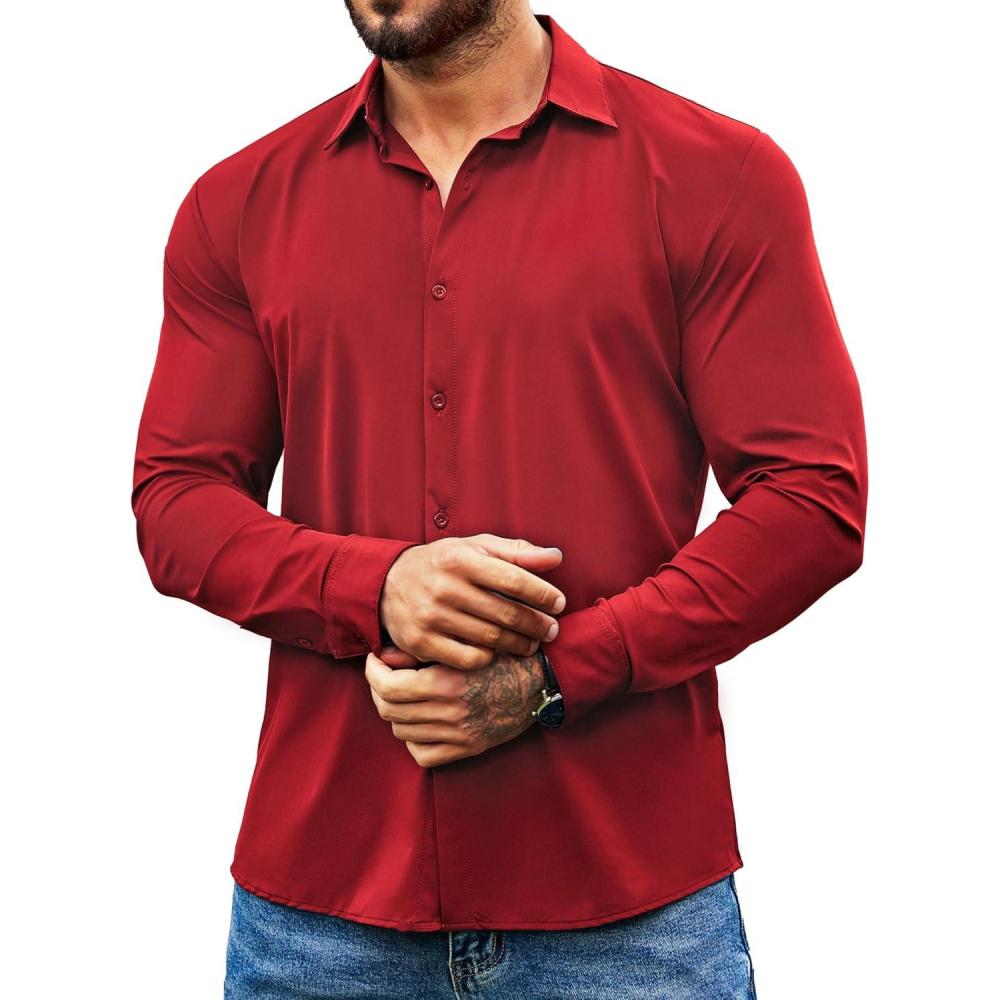 imageCOOFANDY Mens Muscle Fit Dress Shirts Wrinkle Free Long Sleeve Button Down Shirt Stretch Business ShirtRed