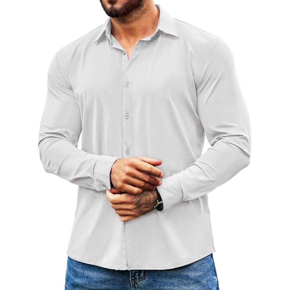 imageCOOFANDY Mens Muscle Fit Dress Shirts Wrinkle Free Long Sleeve Button Down Shirt Stretch Business ShirtWhite