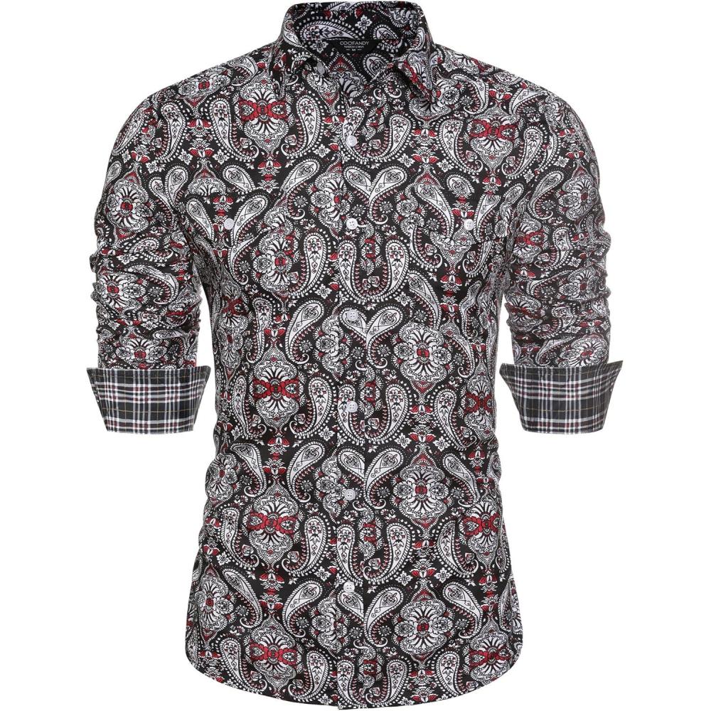 imageCOOFANDY Mens Paisley Printed Shirts Casual Long Sleeve Button Down Shirts Floral Dress Shirt with PocketsBlack