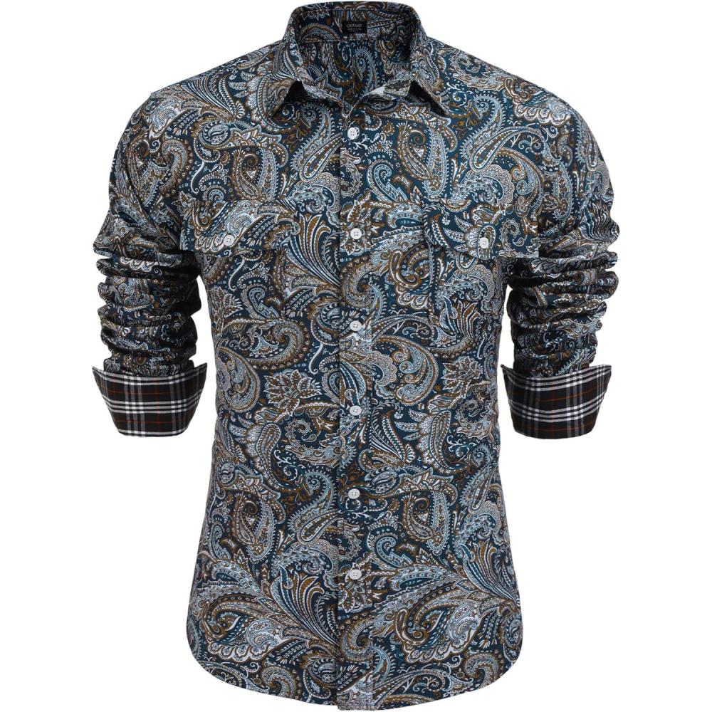 imageCOOFANDY Mens Paisley Printed Shirts Casual Long Sleeve Button Down Shirts Floral Dress Shirt with PocketsDark Blue