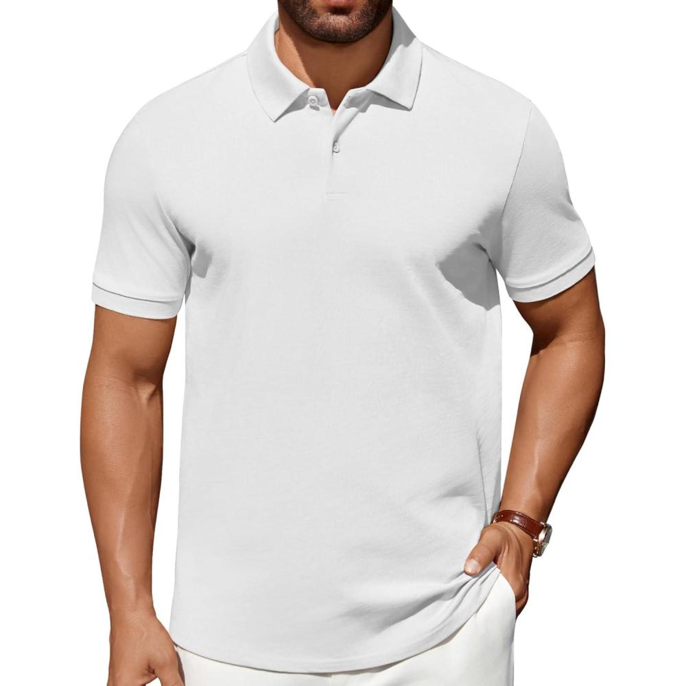imageCOOFANDY Mens Polo Shirts 100 Cotton Heavyweight Short Sleeve Button Golf Shirts Classic Pullover Ribbed Collar and CuffsAll White