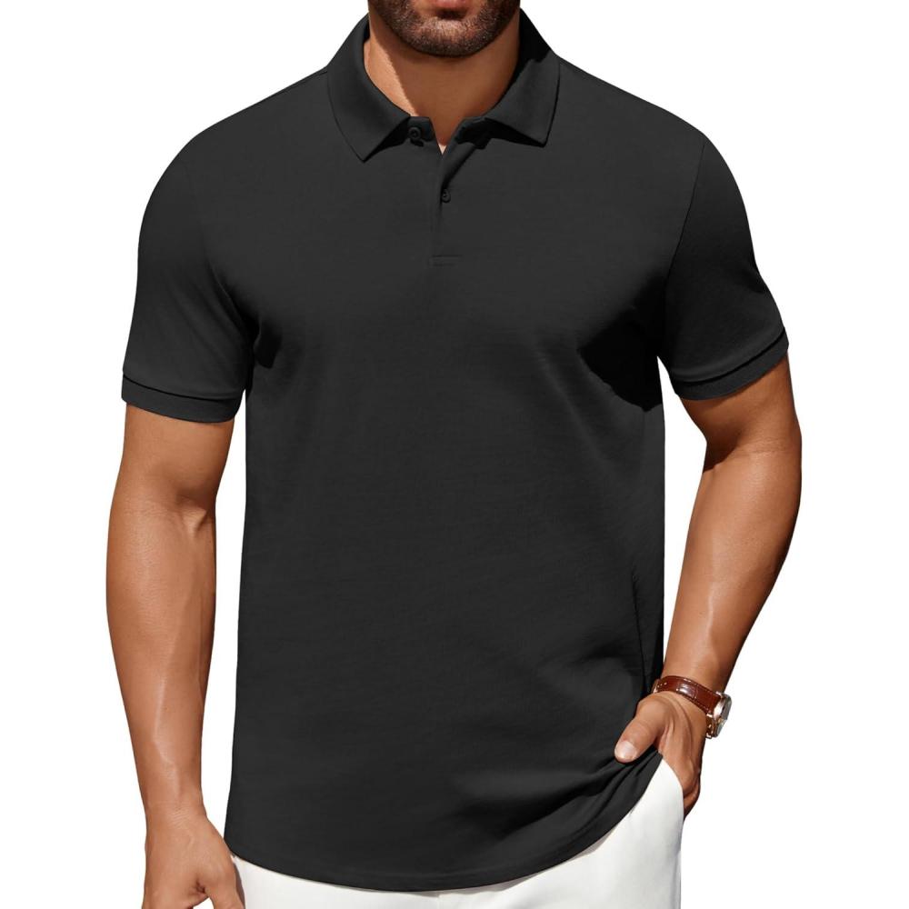imageCOOFANDY Mens Polo Shirts 100 Cotton Heavyweight Short Sleeve Button Golf Shirts Classic Pullover Ribbed Collar and CuffsBlack