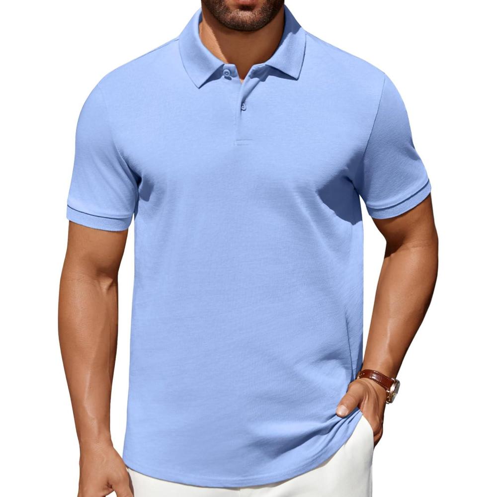 imageCOOFANDY Mens Polo Shirts 100 Cotton Heavyweight Short Sleeve Button Golf Shirts Classic Pullover Ribbed Collar and CuffsClear Blue