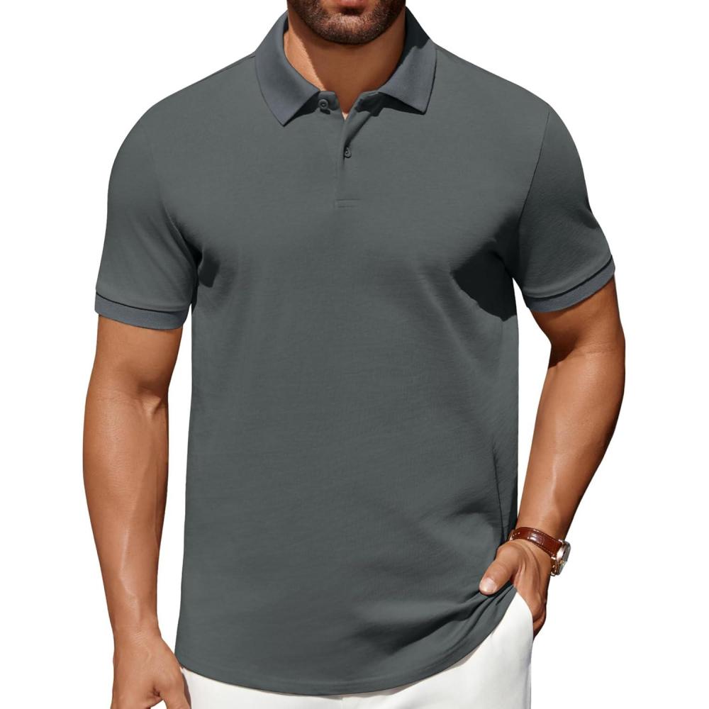 imageCOOFANDY Mens Polo Shirts 100 Cotton Heavyweight Short Sleeve Button Golf Shirts Classic Pullover Ribbed Collar and CuffsDark Grey Green