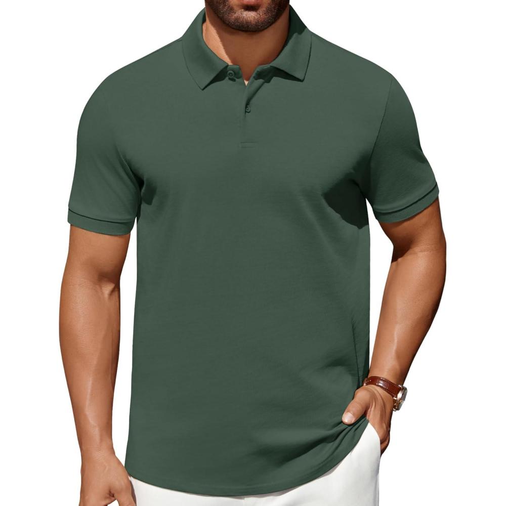 imageCOOFANDY Mens Polo Shirts 100 Cotton Heavyweight Short Sleeve Button Golf Shirts Classic Pullover Ribbed Collar and CuffsGreen