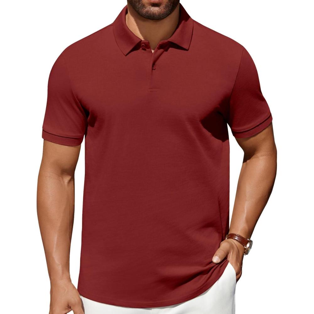 imageCOOFANDY Mens Polo Shirts 100 Cotton Heavyweight Short Sleeve Button Golf Shirts Classic Pullover Ribbed Collar and CuffsRed